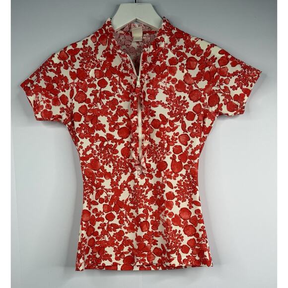 Tory Burch Rashguard Top Womens Sz XS Red Floral Ruffle 1/2 Zip Short Sleeve - Picture 2 of 11